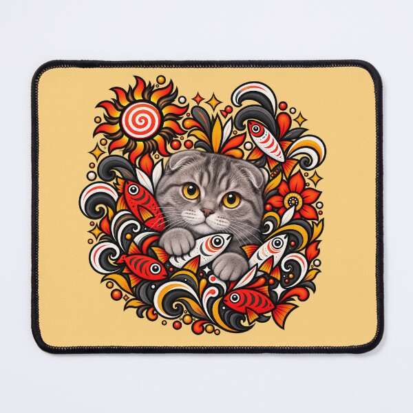 Item preview, Scottish Fold Cat Folk Art - Psychedelic Sun & Fishes Graphic Pattern designed and sold by PixelsPaws.