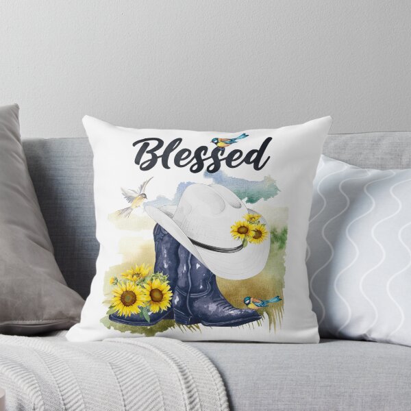 Artikelvorschau, Gesegnet mit Cowboy-Stiefeln/Hut, Sonnenblumen, Vögeln und Wiesenhintergrund entworfen und verkauft von JeweledDesigns.