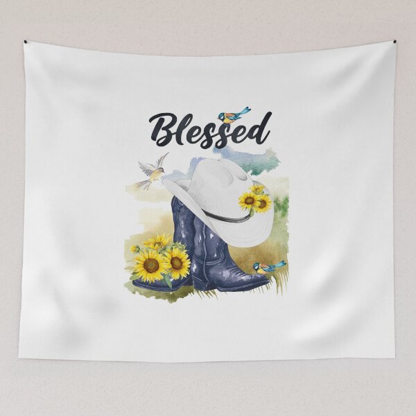 Item preview, Blessed with Cowboy Boots/Hat, Sunflowers, Birds & Meadow Background designed and sold by JeweledDesigns.
