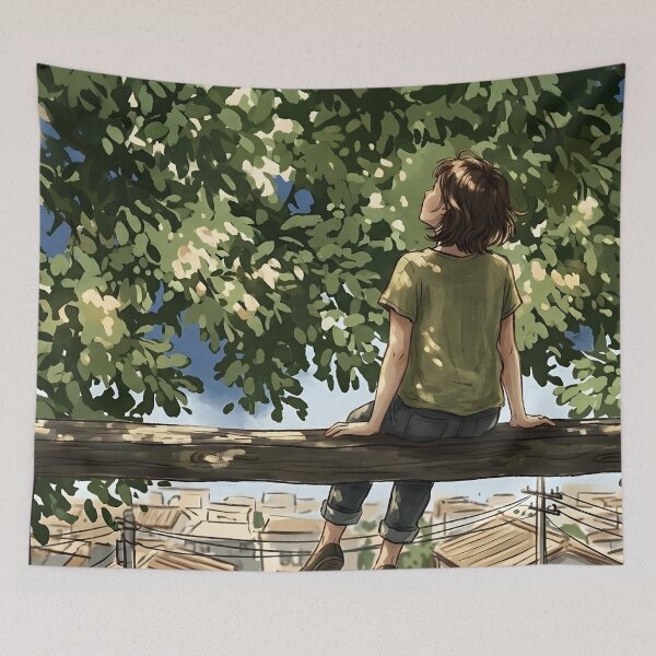 Item preview, Girl Under Tree Canopy – Anime Rooftop Art designed and sold by RkskArt.