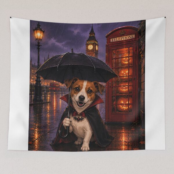 Item preview, Jack Russell dressed as a vampire in the rain with a black umbrella designed and sold by Nomad-Paws.