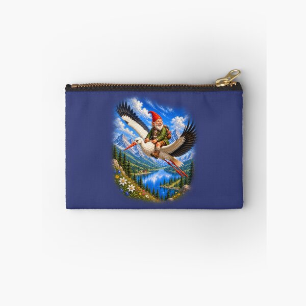 Item preview, Alpine Gnome Riding a Stork Over Mountain Lake – Fantasy Adventure Illustration designed and sold by Alpine-Ink.