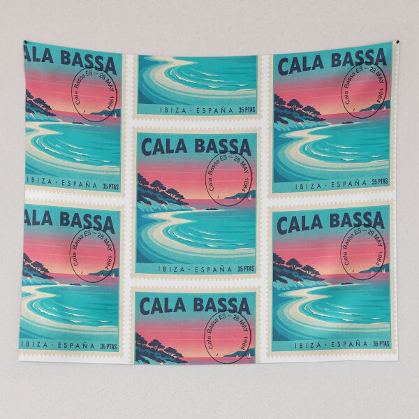 Item preview, Cala Bassa Ibiza Retro 1980s Turquoise Stamp Sticker designed and sold by stickercuffs.