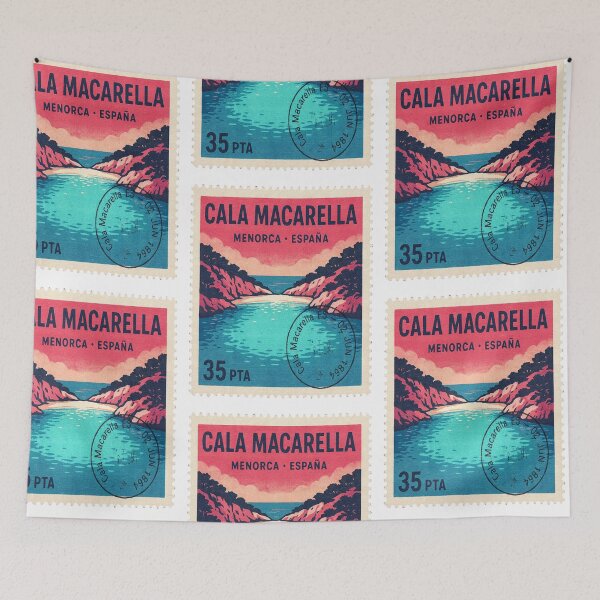 Item preview, Cala Macarella Menorca Retro 1980s Turquoise Stamp Sticker designed and sold by stickercuffs.