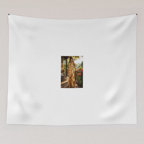 Item preview, Woman in floral aloha dress on tropical porch designed and sold by CathryneDelamort.