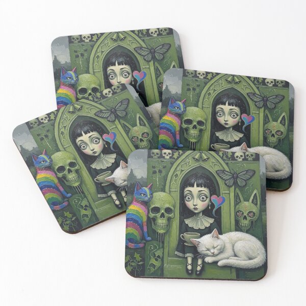 Item preview, Gothic Green Arch Big Eyes Girl Rainbow Cat Sleeping White Cat designed and sold by LujziWorld.