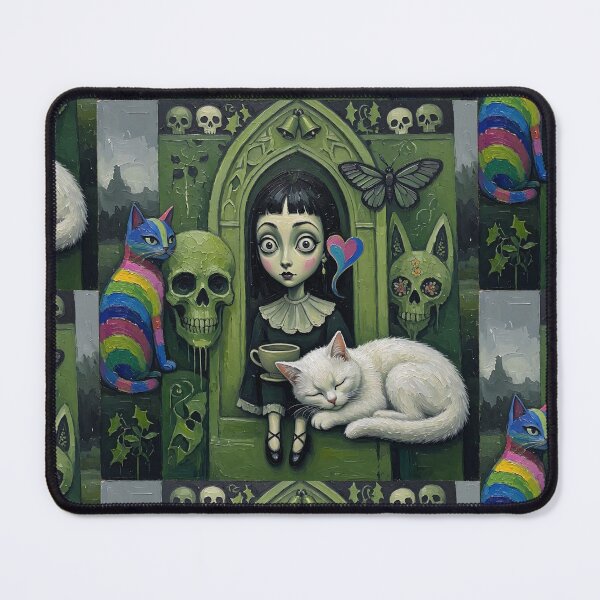 Item preview, Gothic Green Arch Big Eyes Girl Rainbow Cat Sleeping White Cat designed and sold by LujziWorld.