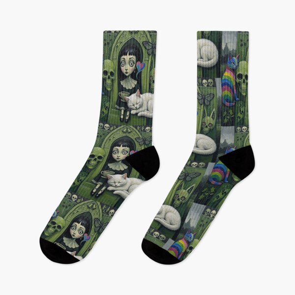 Item preview, Gothic Green Arch Big Eyes Girl Rainbow Cat Sleeping White Cat designed and sold by LujziWorld.