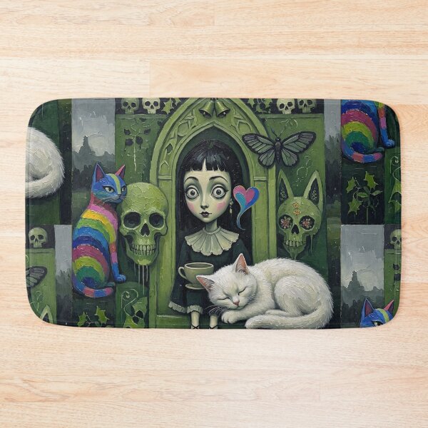 Item preview, Gothic Green Arch Big Eyes Girl Rainbow Cat Sleeping White Cat designed and sold by LujziWorld.