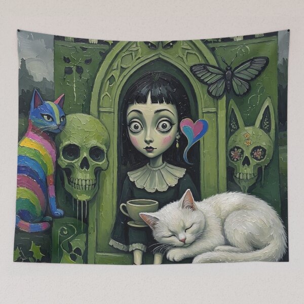 Item preview, Gothic Green Arch Big Eyes Girl Rainbow Cat Sleeping White Cat designed and sold by LujziWorld.