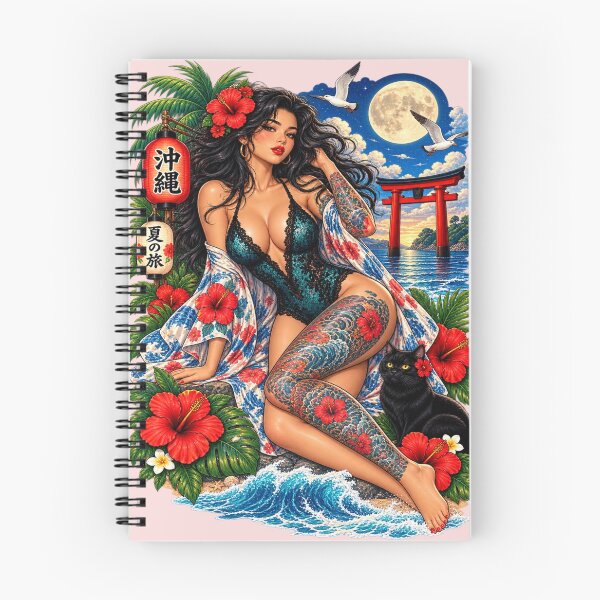 Item preview, Okinawa Tattoo Pin-Up Girl – Tropical Japan Black Cat Art designed and sold by Ghostwave Atelier.