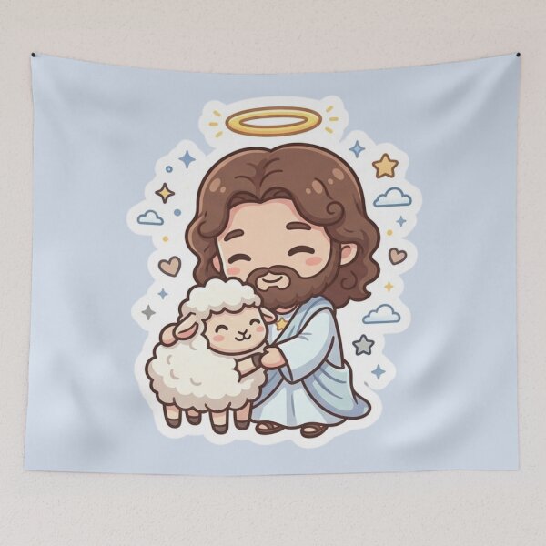 Item preview, Jesus with Sheep Kawaii Style for Children designed and sold by MantoSagrado.