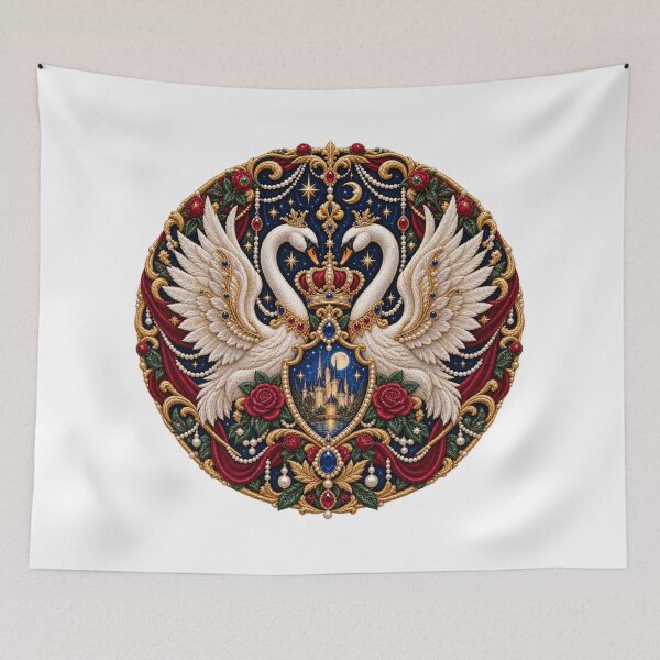 Item preview, White Swan & Moonlit Castle Embroidered Heraldic Emblem designed and sold by Emoji Emblems.