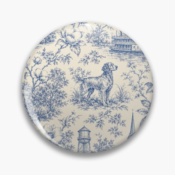 Artikelvorschau, Südliches Toile-de-Jouy-Muster mit Magnolien, Flussboot und Hund entworfen und verkauft von Rue Design Company.