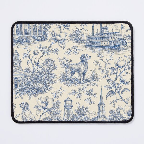 Item preview, Southern toile pattern with magnolias, riverboat and dog designed and sold by Rue Design Company.