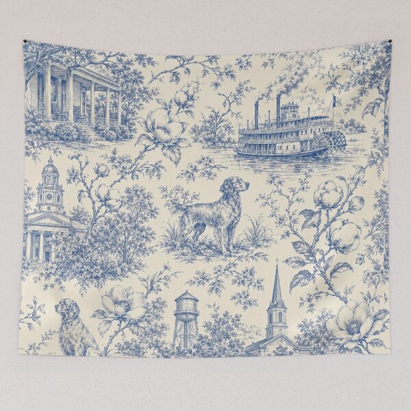 Artikelvorschau, Südliches Toile-de-Jouy-Muster mit Magnolien, Flussboot und Hund entworfen und verkauft von Rue Design Company.