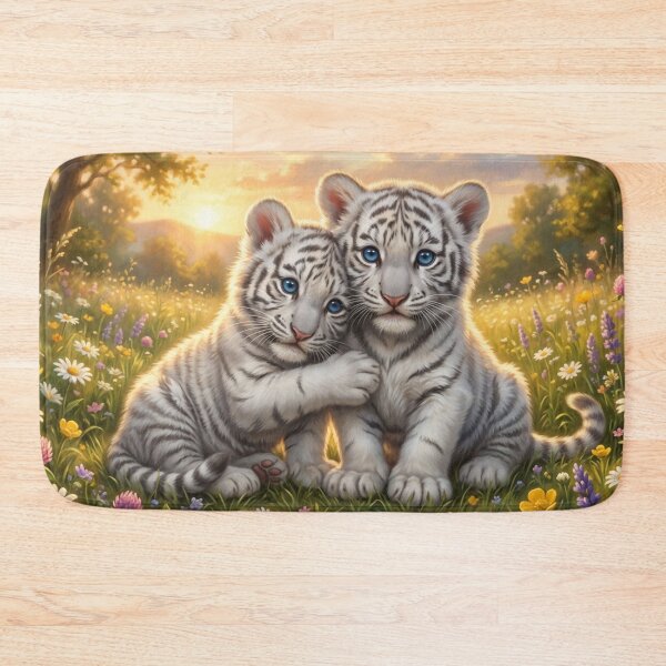 Item preview, White Tiger Cubs in a Wildflower Meadow designed and sold by TreatLLC.