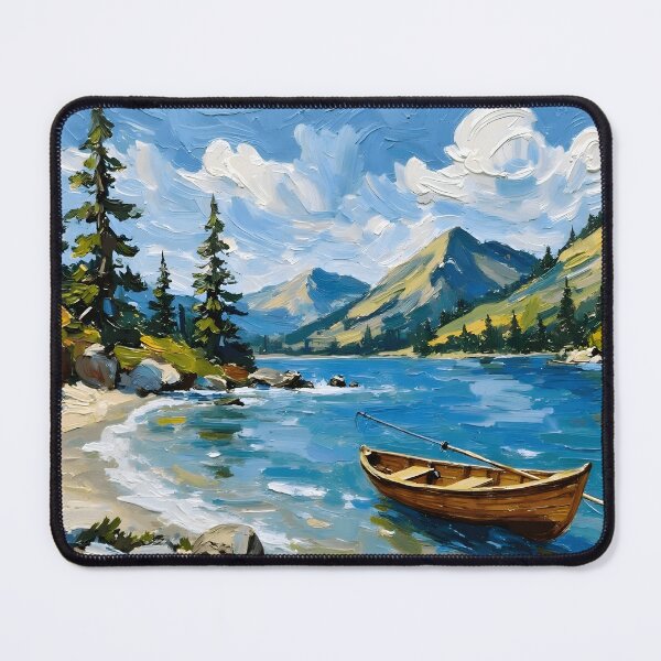 Item preview, Serene Mountain Lake & Wooden Canoe Oil Painting designed and sold by BackwoodsFeral.