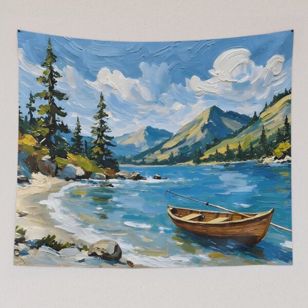 Item preview,  Serene Mountain Lake & Wooden Canoe Oil Painting designed and sold by BackwoodsFeral.