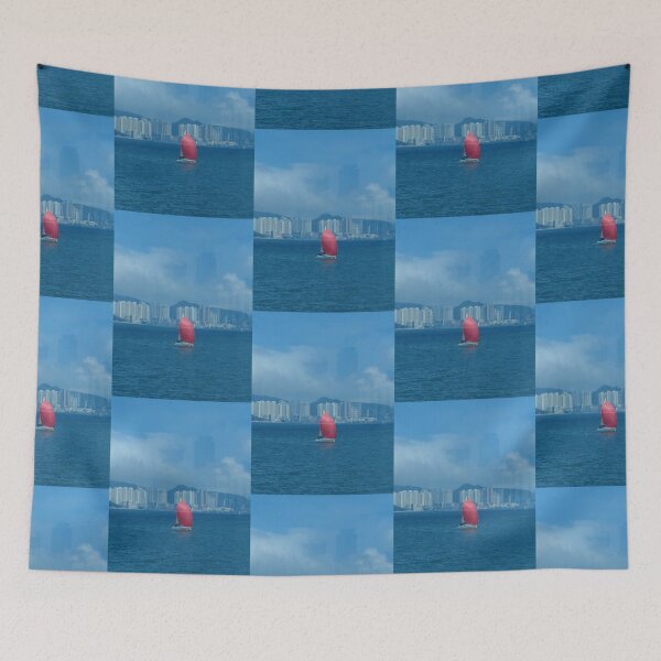 Item preview, Red Sailboat in Hong Kong Harbour – Maritime Landscape Photography designed and sold by pbchan.