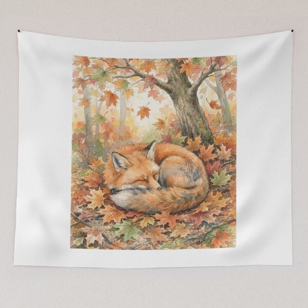 Item preview, Cozy Autumn Fox Sleeping in Maple Leaves Watercolor Fall Season designed and sold by VibranPalette.