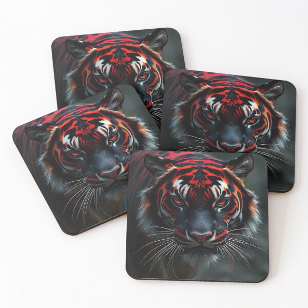Item preview, Neon Red Tiger with Glowing Eyes – Intense Mystical Predator Portrait designed and sold by MFMart.