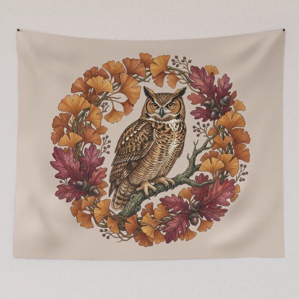 Item preview, Autumn Vibes Great Horned Owl Wreath Bird Design designed and sold by BirdsnStuff.