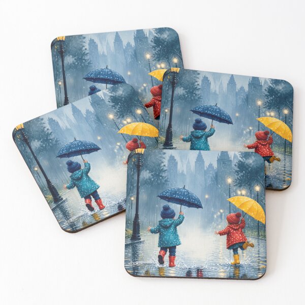 Item preview, Splashing in the Rain Whimsical Painting - Cozy Autumn City. designed and sold by SakinahArt.