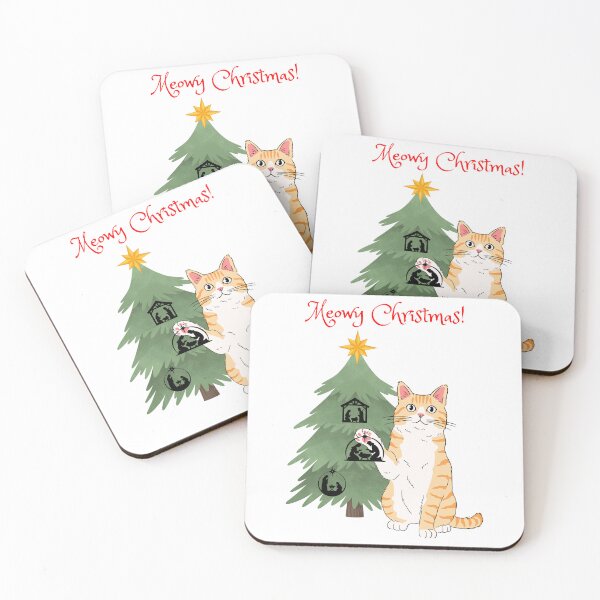 Item preview, Meowy Christmas Orange Cat with Nativity Christmas Tree designed and sold by MYCatStuff.