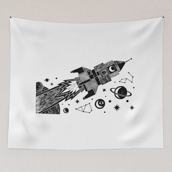 Item preview, Space Rocket Ship Woodcut Linocut Vintage Astronomy Art designed and sold by KiwiRider.