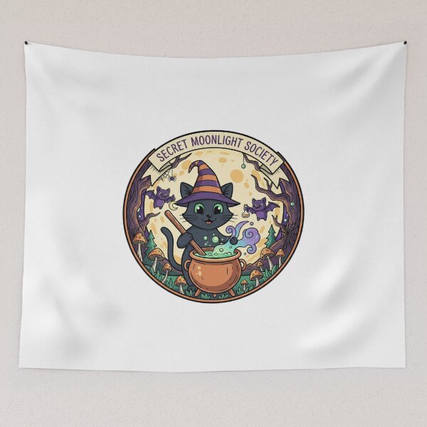 Item preview, Secret Moonlight Society Witch Cat Cauldron Halloween Badge designed and sold by FestivityFinds.