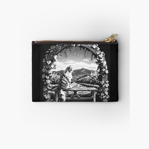 Item preview, Vineyard Cat on Bench Black and White Mountain Garden Art designed and sold by inkoutninja.