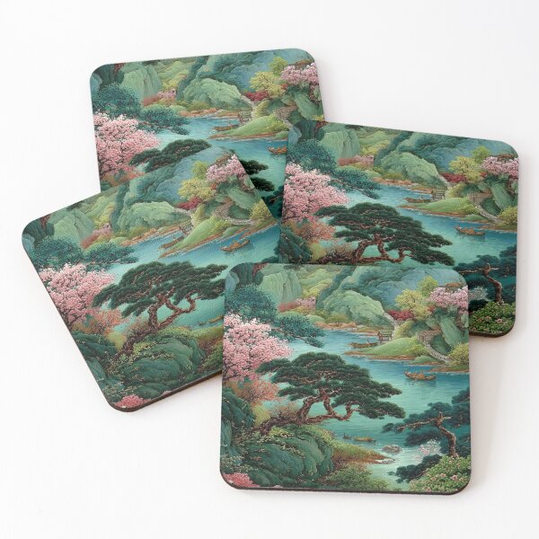 Item preview, A Lush Landscape with Cherry Blossoms, Majestic Mountains, and Tranquil Waters Weaving Through an Exquisite Nature Reflections Scene designed and sold by Matt_Smith.
