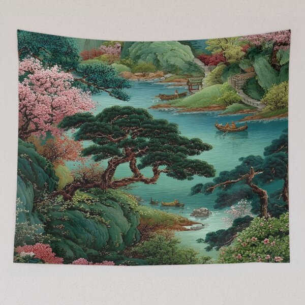 Item preview, A Lush Landscape with Cherry Blossoms, Majestic Mountains, and Tranquil Waters Weaving Through an Exquisite Nature Reflections Scene designed and sold by Matt_Smith.
