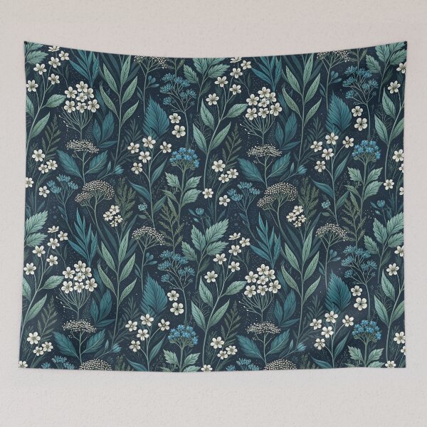 Item preview, Dark Florals Anthology – Midnight Forest Meadow With Muted Teal & White Wildflowers designed and sold by Whimsical Wayfarer.