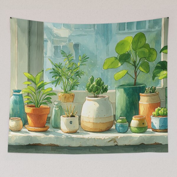 Item preview, Botanical Window Watercolor – Soft Morning Light Houseplants Ledge (Anime Aesthetic) designed and sold by Whimsical Wayfarer.