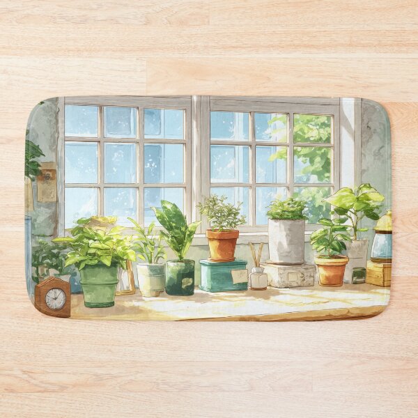 Item preview, Botanical Window Watercolor – Fresh Morning Plant Table (Anime Aesthetic) designed and sold by Whimsical Wayfarer.