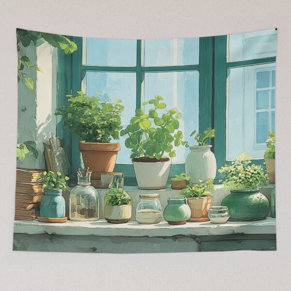 Item preview, Botanical Window Watercolor – Houseplants in a Mint Green Room (Anime Aesthetic) designed and sold by Whimsical Wayfarer.