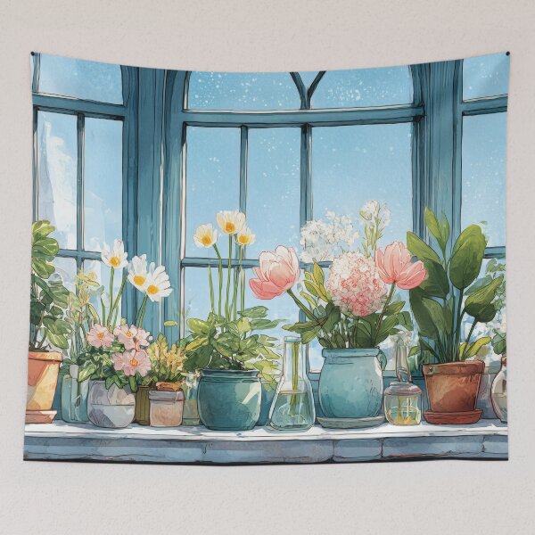 Item preview, Cozy Botanical Window Sill – Luminous Florals in a Blue Room (Anime Aesthetic) designed and sold by Whimsical Wayfarer.
