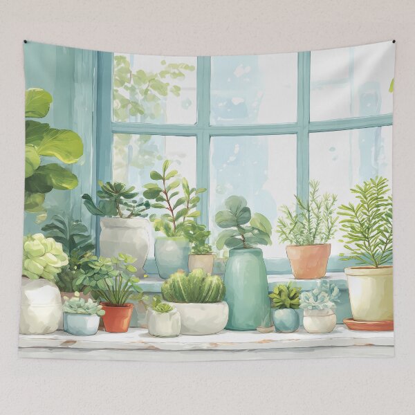 Item preview, Botanical Window Watercolor – Soft Spring Pastel Plant Shelf (Anime Aesthetic) designed and sold by Whimsical Wayfarer.