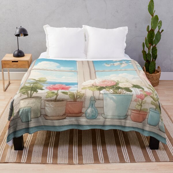Item preview, Cozy Botanical Window Sill – Spring Pink Blooms Breezy Ocean View (Anime Aesthetic) designed and sold by Whimsical Wayfarer.
