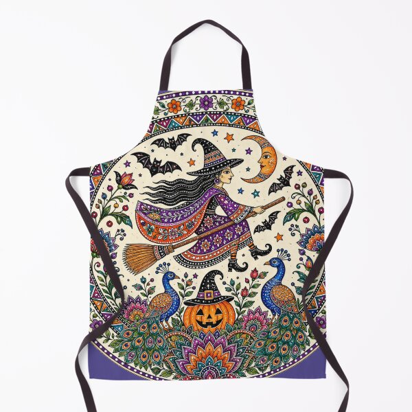 Item preview, An ethnic Madhubani-inspired Halloween witch on a broom in watercolor style designed and sold by Ink Matrix.