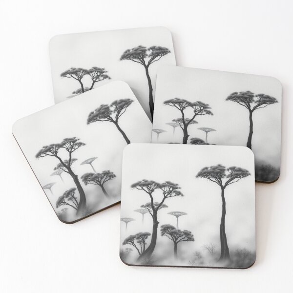 Item preview, Misty African Acacia Tree Silhouettes – Dramatic Black & White Foggy Landscape Art designed and sold by EllDAV777.
