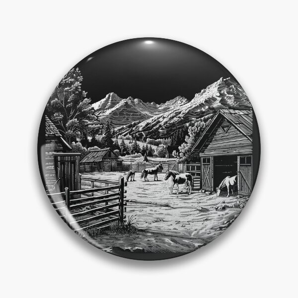 Item preview, Mountain Horse Ranch Black and White Western Alpine Landscape Art designed and sold by inkoutninja.