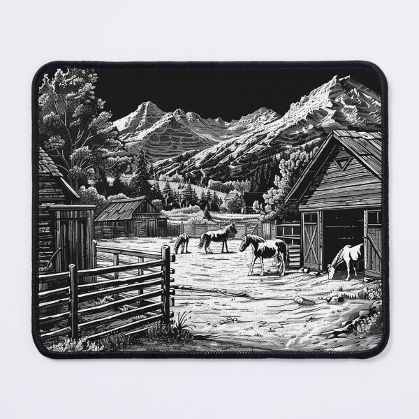 Item preview, Mountain Horse Ranch Black and White Western Alpine Landscape Art designed and sold by inkoutninja.
