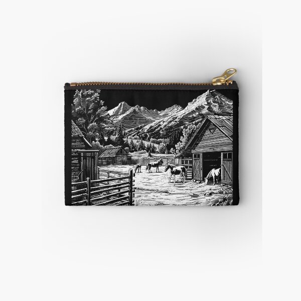 Item preview, Mountain Horse Ranch Black and White Western Alpine Landscape Art designed and sold by inkoutninja.