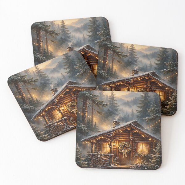 Item preview, Golden Cabin in Misty Forest - Christmas Landscape designed and sold by PickyAura.