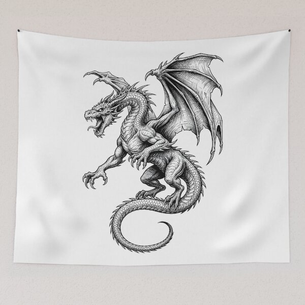 Item preview, Fierce Winged Dragon – Black and White Fantasy Dragon Illustration designed and sold by DragonSerpent Ink.