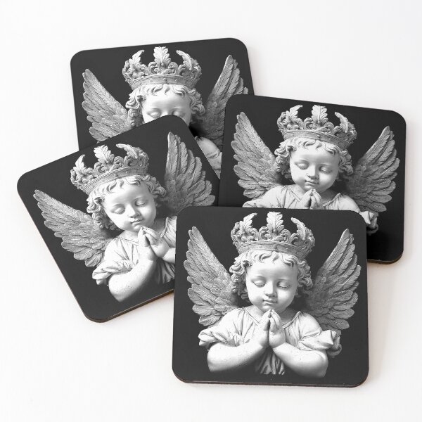 Item preview, Crowned Praying Cherub Angel Statue Black and White Religious Art designed and sold by inkoutninja.