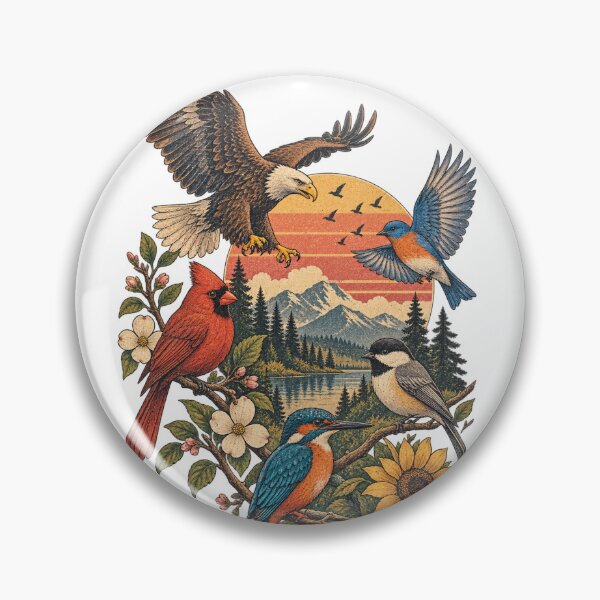Item preview, Vintage North American Birds and Mountain Sunset Illustration designed and sold by Infinite Feeling Shop.